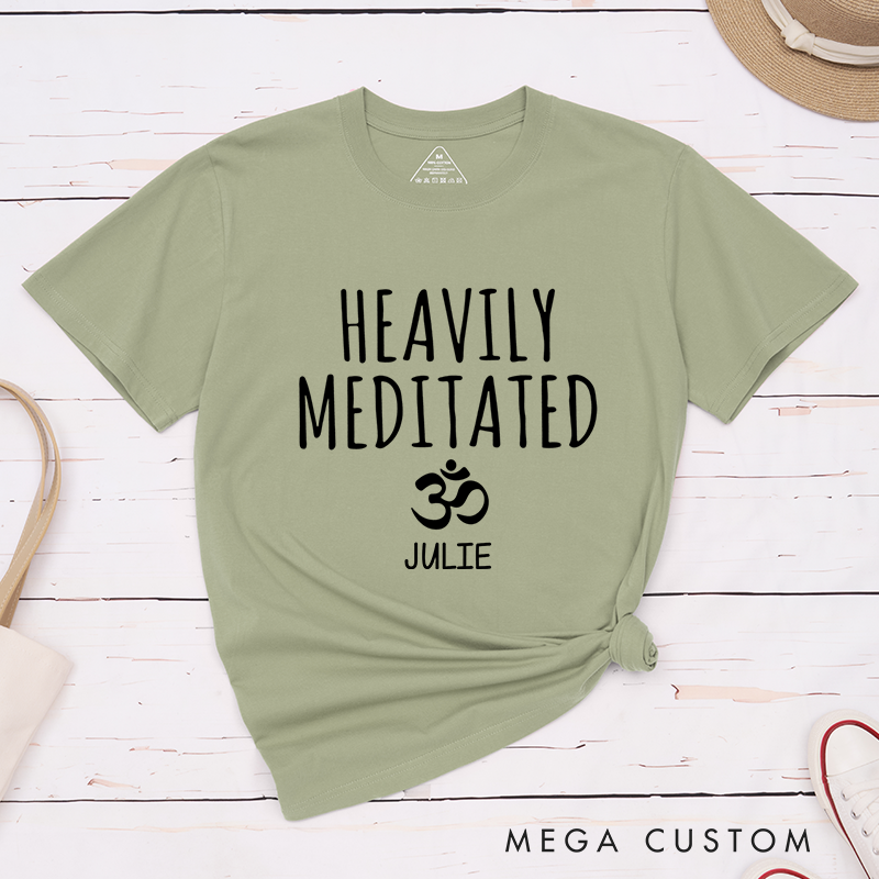 Personalized Yoga T-Shirt with Heavily Meditated and Om Symbol Design Custom Name Perfect Gift for Yoga Lover