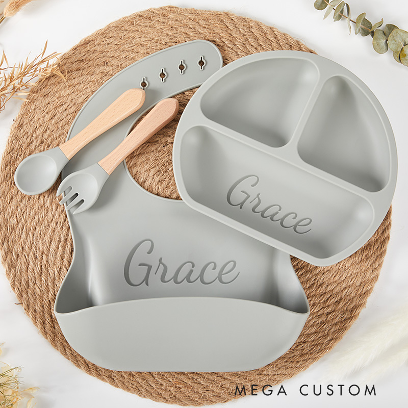 Personalized Silicone Weaning Set Cartoon Weaning Set for Baby Feeding Set with Name Eco-Friendly Baby Plate Baby Shower Gift