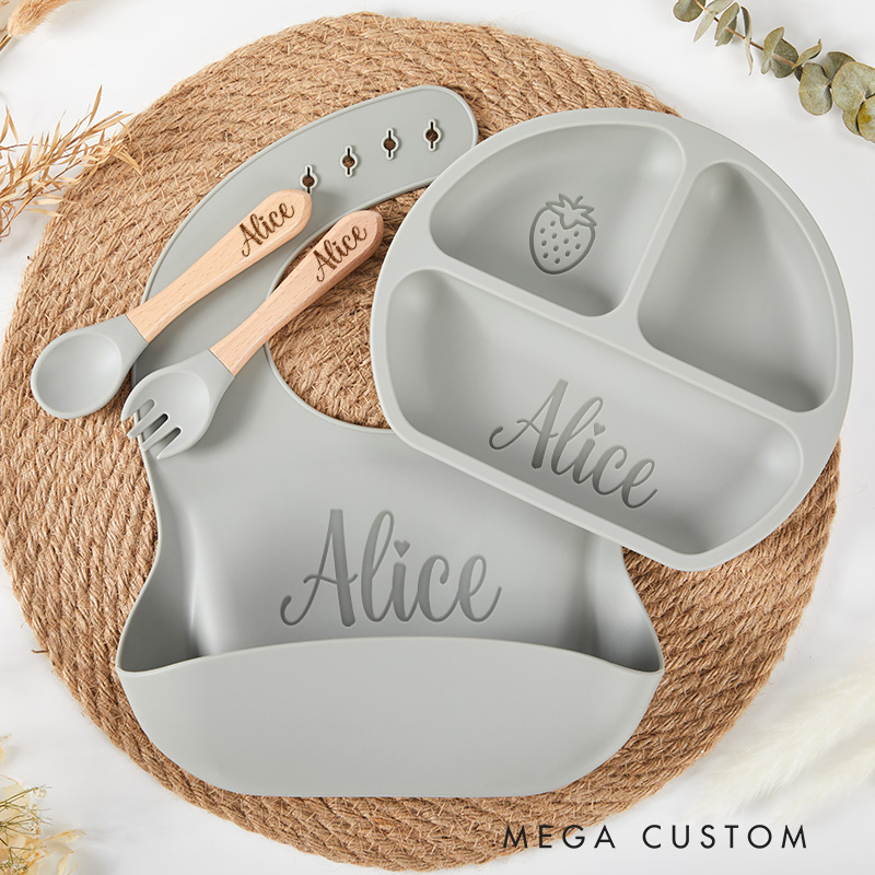 Personalized Eco Friendly Silicone Weaning Set with Engraved Name Unique Bib and Plate for Baby Ideal Baby Shower Gift