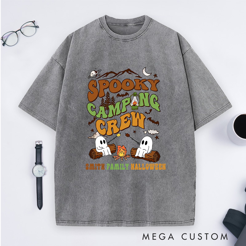 Personalized Spooky Camping Crew Washed T-Shirt a Haunted Campfire Adventure T-Shirt Halloween Gift Outdoor Lover