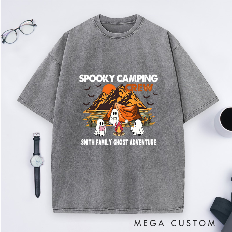 Personalized Spooky Camping Crew Washed T-Shirt Ghostly Adventures Shirt Halloween Gift Hiking Outdoors