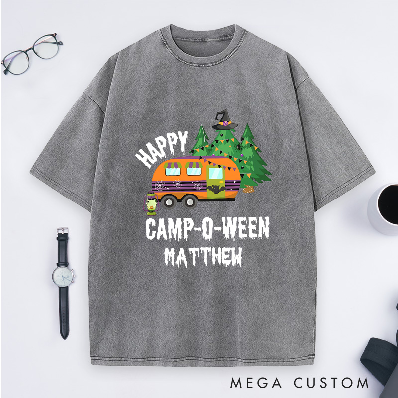 Personalized Happy Camper Halloween Washed T-Shirt Outdoor Camping Adventure Shirt Halloween Gift for Hiking