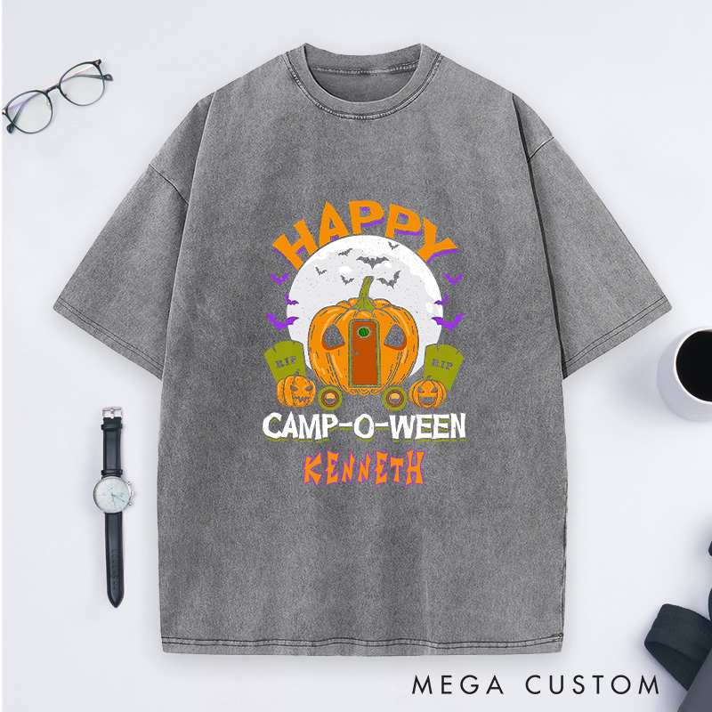 Personalized Happy Camp Halloween Washed T-Shirt Halloween Camping Shirt Gift for Outdoor