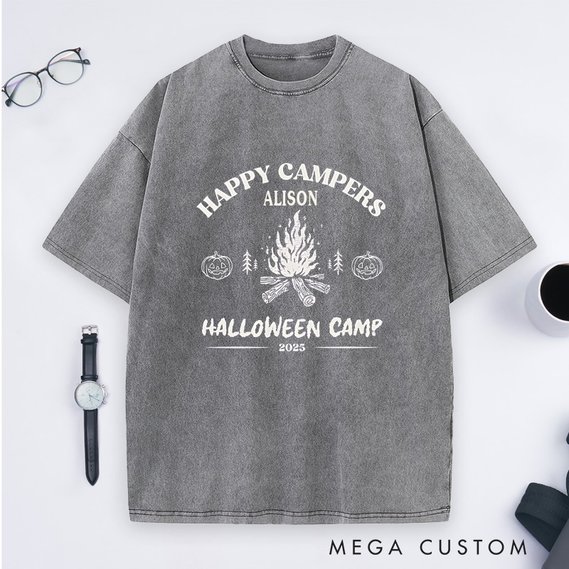 Personalized Halloween Happy Campers Washed T-Shirt Outdoor Bonfire Shirt Halloween Gift for Hiking