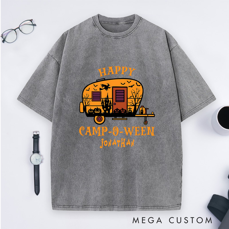 Personalized Halloween Camping Adventure Washed T-Shirt Happy Halloween Shirt Gift for Outdoor
