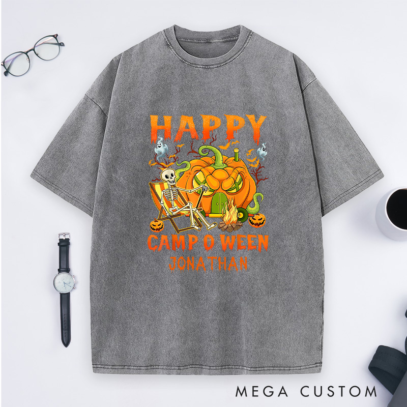 Personalized Camper Halloween Washed T-Shirt Skeleton Camping Car Pumpkin Shirt Halloween Gift Outdoor