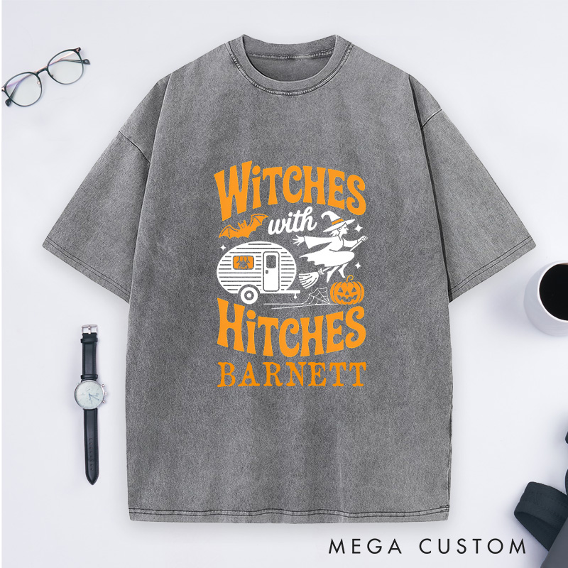 Personalized Camping Halloween Funny Witch Essential Washed T-Shirt Camping RV Pumpkin Shirt Gift Outdoor