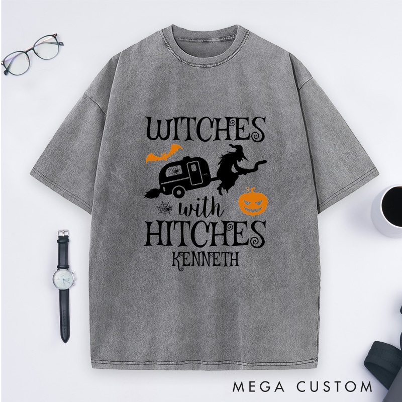 Personalized Witches with Hitches Washed T-Shirt Campers Life Lovers Shirt Spooky Pumpkin Shirt Halloween Gift Outdoor