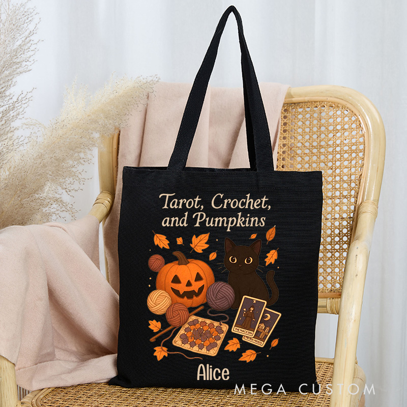 Personalized Tarot Crochet and Pumpkins Tote Bag Halloween Gift for Crocheting Lovers Funny Gift for Her