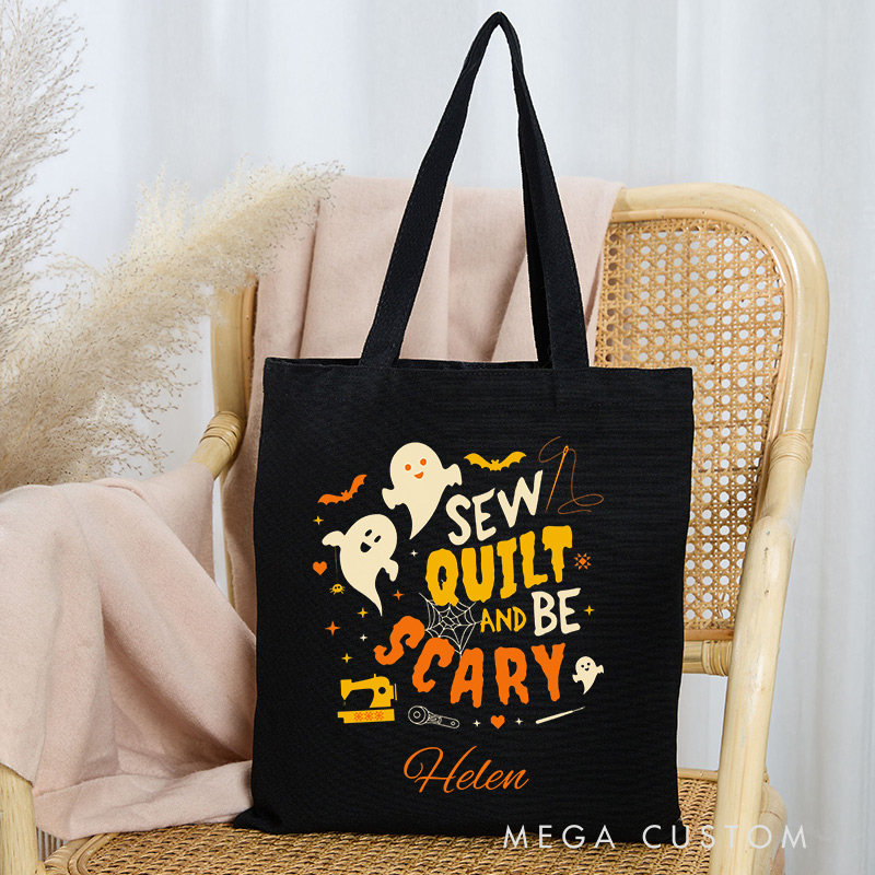 Personalized Sew Quilt and Be Scary Tote Bag Gift for Sewing Lovers Halloween Gift for Quilters