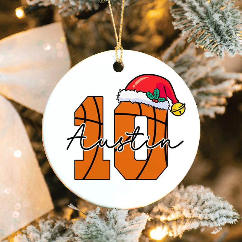 Personalized Basketball Ornament with Custom Name, Number, and Festive Santa Hat Design