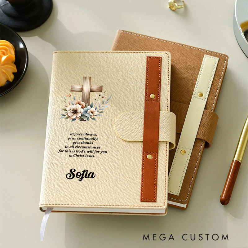 Personalized Floral Cross Name Bible Verse A5 Lined Leather Prayer Notebook with Name Pen Loop Church Christmas Gift for Christians