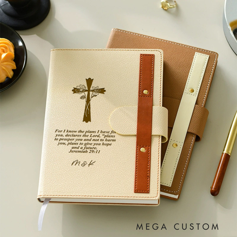 Personalized Engraved Cross Name Birth Flower Bible Verse A5 Lined Notebook and Pen Loop for Church Bible Study Christmas Easter Gift for Christian Prayer