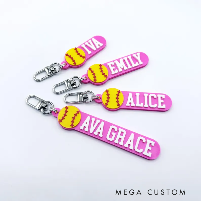 Personalized Softball Keychain with Custom Name and 3D Softball Design