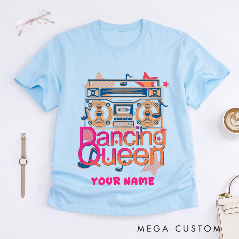 Personalized Retro Boombox Dancing Queen Graphic Womens T-Shirts Custom Name 80s Dance Lover Gift Unique Fun Dance Tee for Her