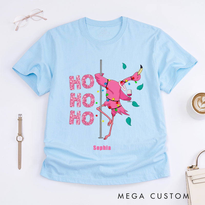 Personalized Funny Flamingo Dance T-Shirts Ho Ho Ho Design Unique Gift for Women Custom Name Tee for Her