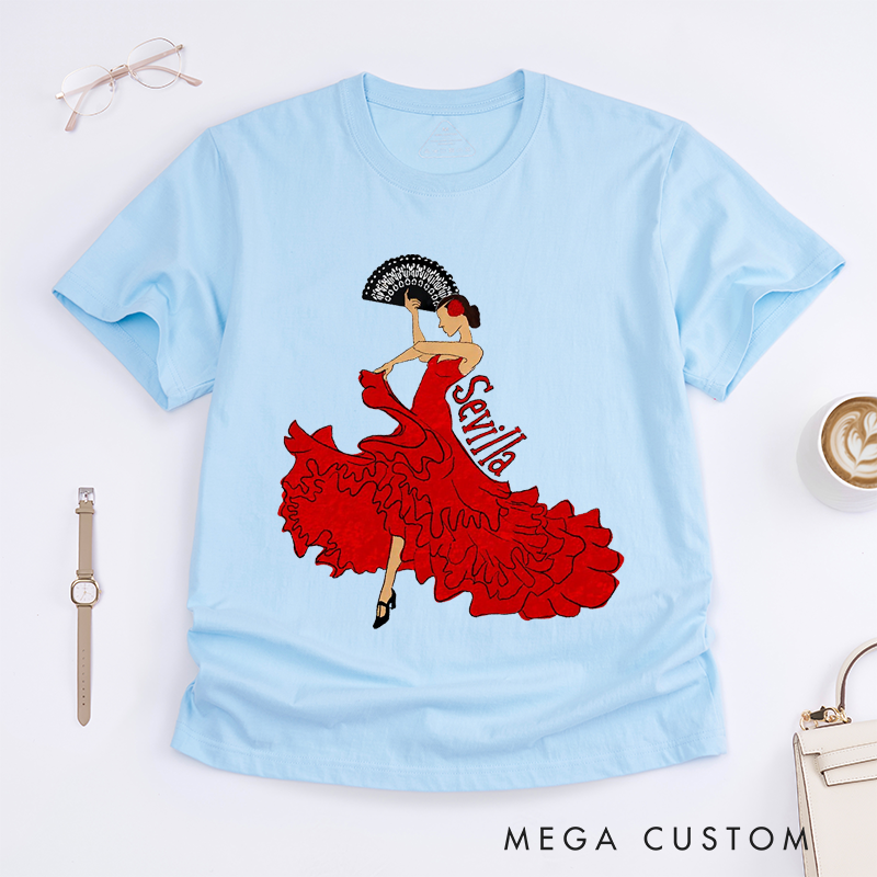Personalized Flamenco Dancer Sevilla T-Shirts Custom Name Spanish Dance Gift for Women Unique Red Dress Art Tee Present for Dancer Lover