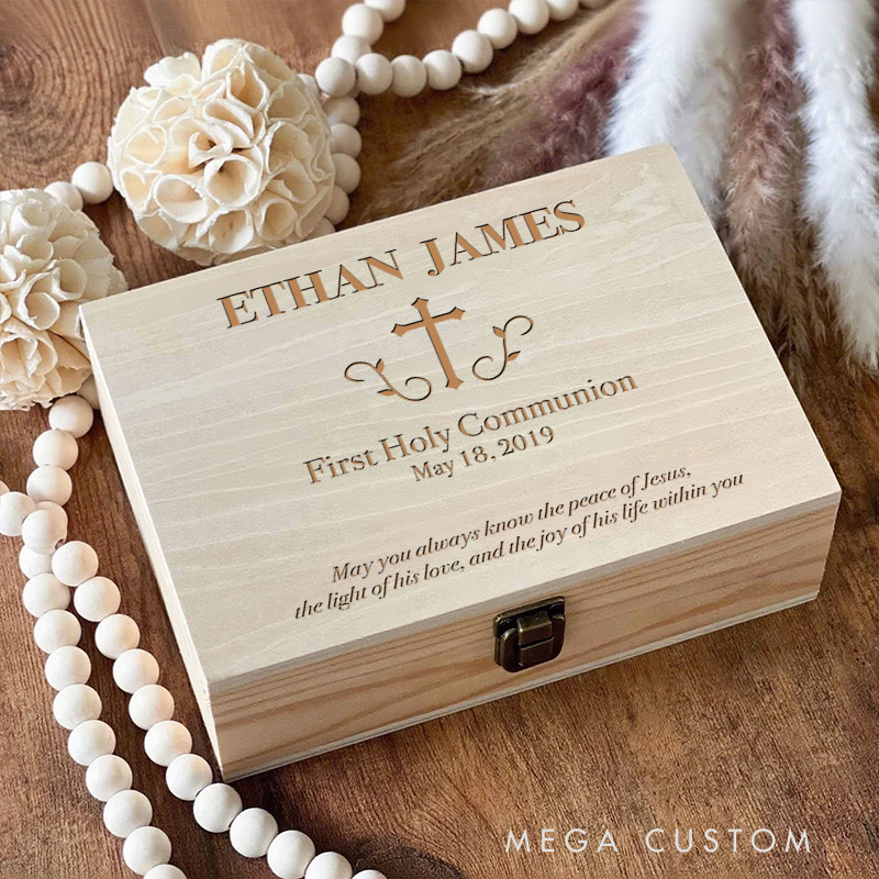Personalized Cross Wooden Keepsake Box with Name and Date Religious Gift First Holy Communion Gift for Kids