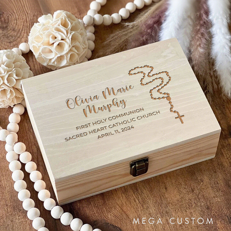 Personalized Rosary Wooden Keepsake Box with Name and Date Religious Gift First Holy Communion Gift for Kids