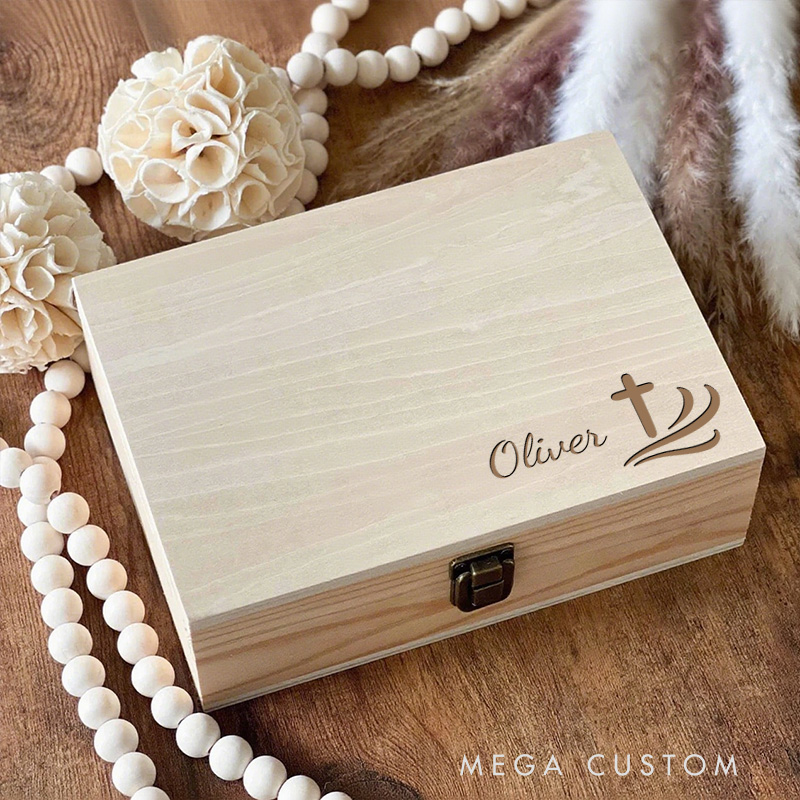 Personalized Cross and Wave Wooden Keepsake Box with Name Religious Gift Birthday Gift for Christians