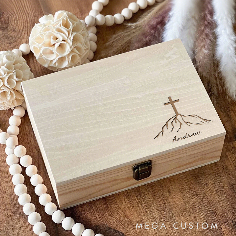 Personalized Cross on the Mountain Wooden Keepsake Box with Name Religious Gift Birthday Gift for Men