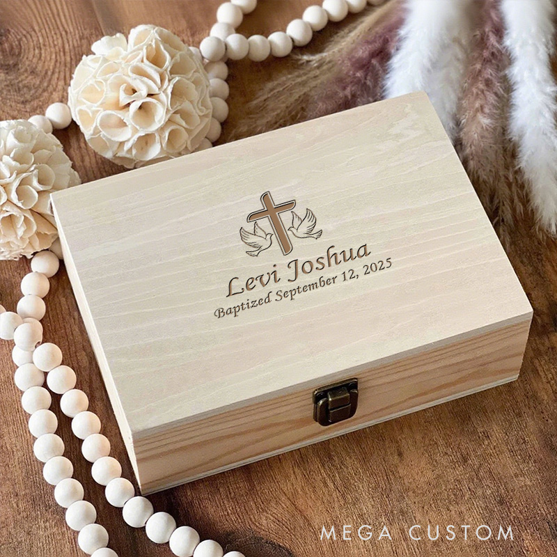 Personalized Dove and Cross Wooden Keepsake Box with Name and Date Religious Gift Baptism Gift for Boys and Girls