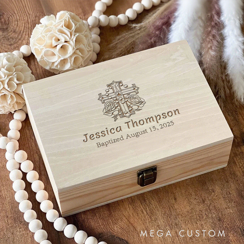 Personalized Rose Cross Wooden Keepsake Box with Name and Date Religious Gift Baptism Gift for Girls