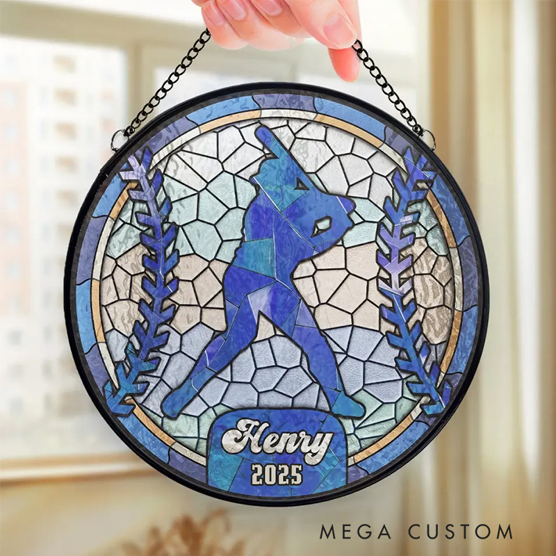 Personalized Baseball Stained Glass Suncatcher with Player Silhouette 