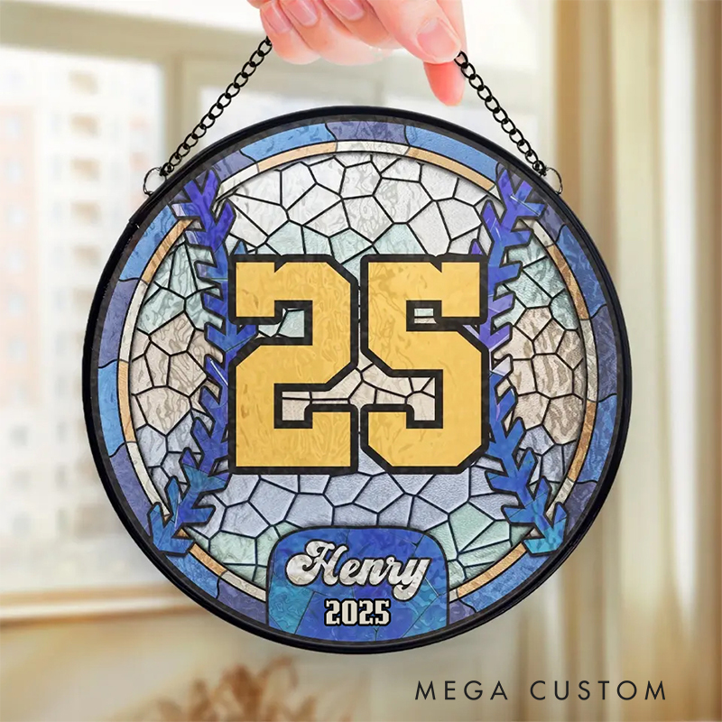 Personalized Baseball Stained Glass Suncatcher with Player Number and Name 