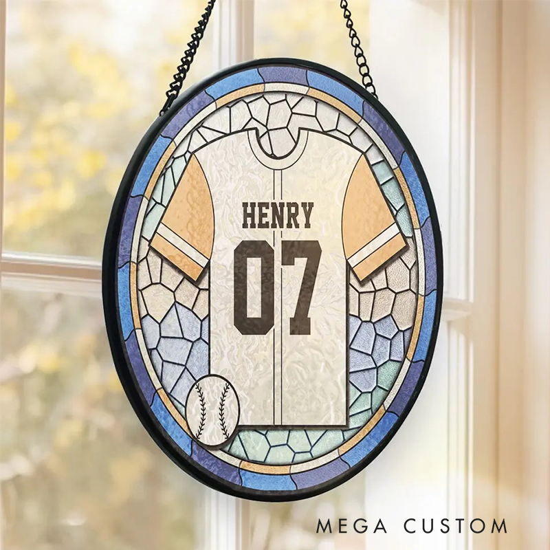 Personalized Baseball Jersey Stained Glass Suncatcher with Custom Name  