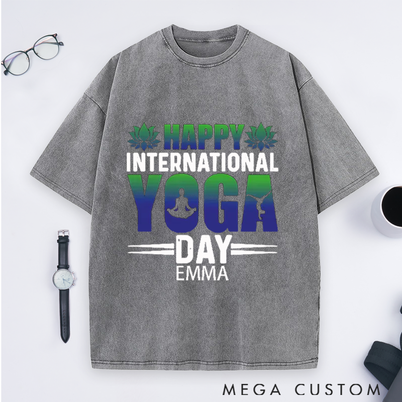 Personalized Yoga Washed T-Shirt with Happy International Yoga Day Design Perfect Gift for Yoga Lover