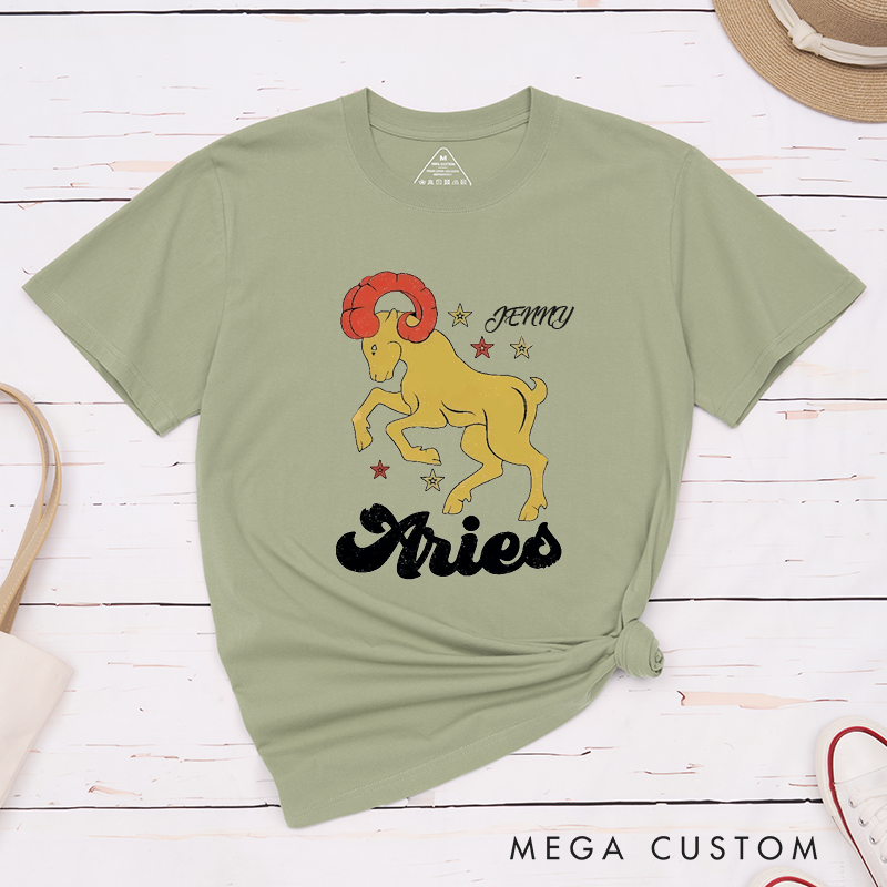 Personalized Classic T-Shirt Aries Zodiac Ram Custom Name Astrology Birthday Gift for Horoscope Lovers