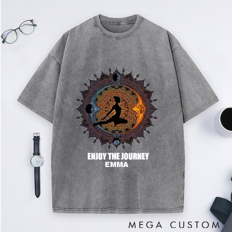 Personalized Enjoy the Journey Quote Yoga Washed T-Shirt with Mandala and Silhouette Design Perfect Gift for Yoga Lover