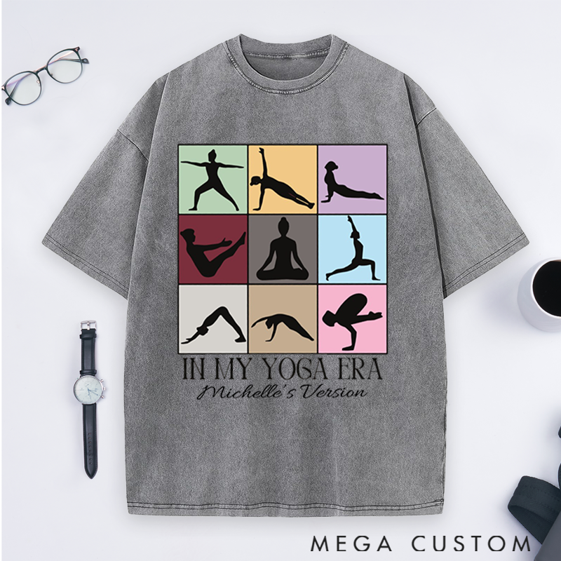 Personalized In My Yoga Era Theme Yoga Washed T-Shirt with Multicolor Yoga Pose Grid Design Perfect Gift for Yoga Lover