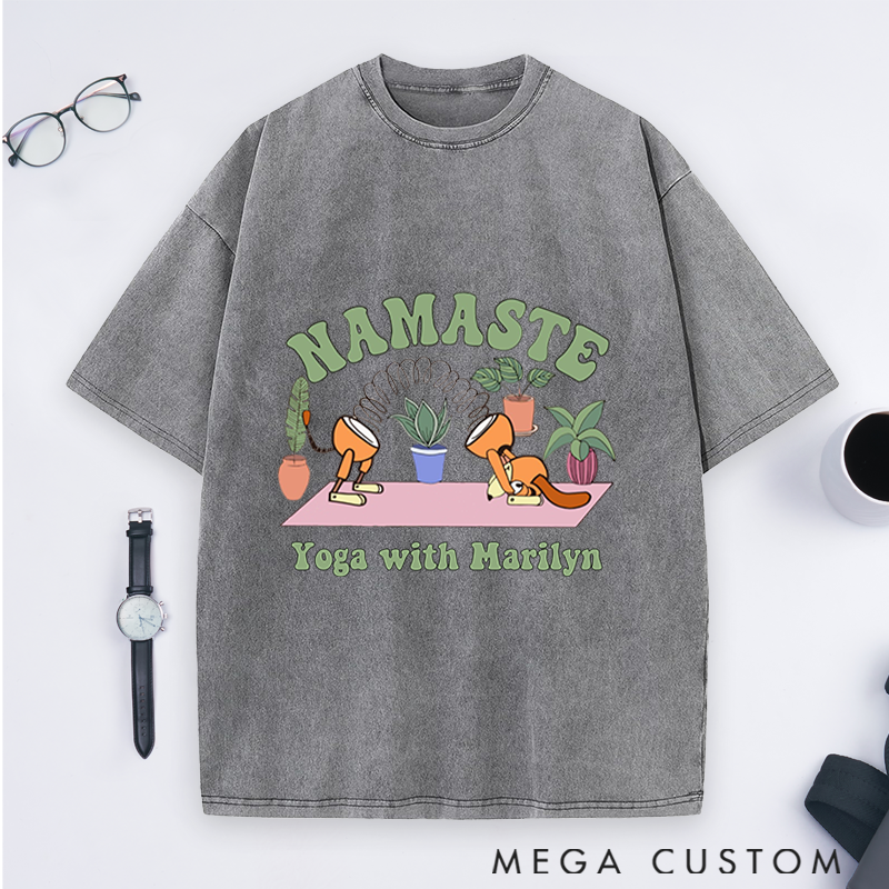 Personalized Yoga Washed T-Shirt with Namaste Theme and Cute Plant Design Perfect Gift for Yoga Lover