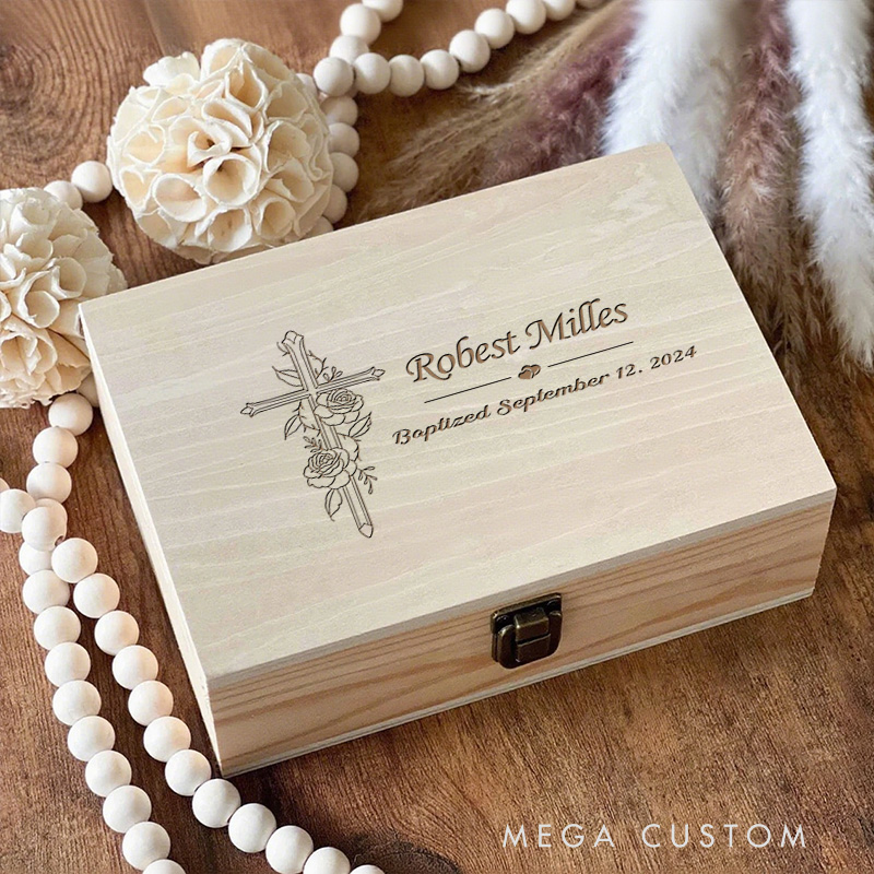 Personalized Cross with Rose Wooden Keepsake Box with Name and Text Religious Gift Baptism Gift for Girls