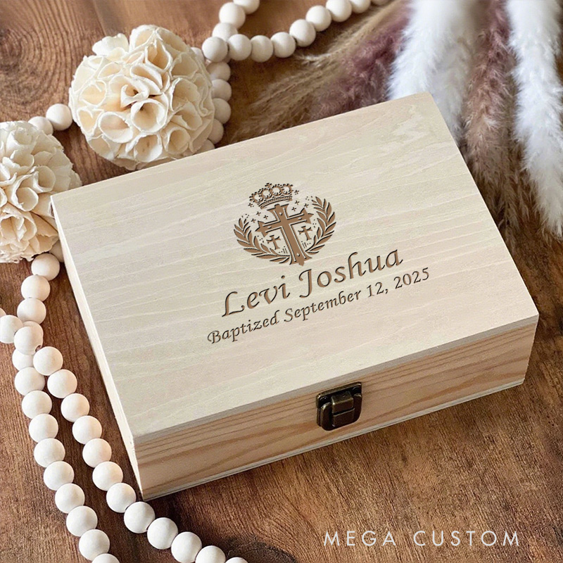 Personalized Crowned Cross Wooden Keepsake Box with Name and Text Religious Gift Baptism Gift for Boys