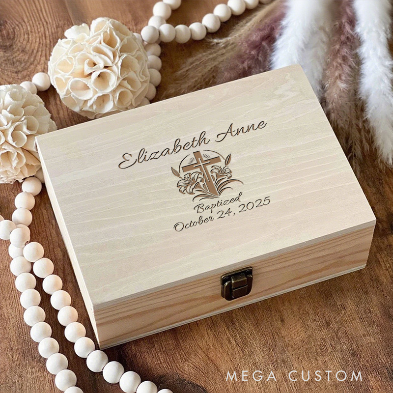 Personalized Cross with Floral Wooden Keepsake Box with Name and Text Religious Gift Baptism Gift for Girls