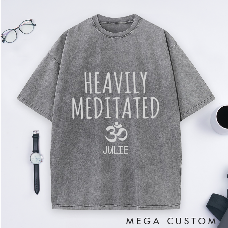 Personalized Yoga Washed T-Shirt with Heavily Meditated Design and Om Symbol Perfect Gift for Yoga Lover