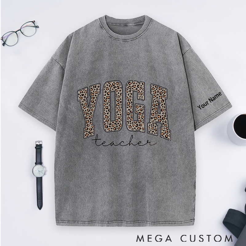 Personalized Yoga Teacher Washed T-Shirt with Leopard Print YOGA Design Perfect Gift for Yoga Lover