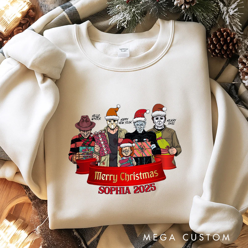 Personalized Horror Merry Christmas Classic Sweatshirt Retro Horror Film Series Crewneck Movie Holiday Shirt