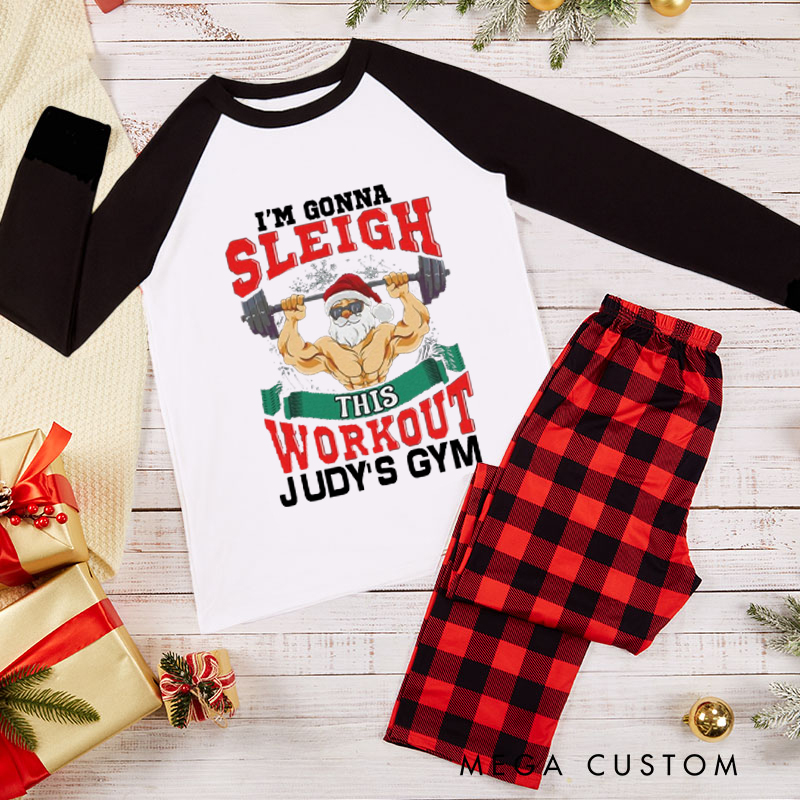Personalized Couple Xmas Pajamas with Santa Lifting Christmas Matching Pjs for Fitness Enthusiasts Bodybuilders and Gym Lovers Husband Wife Boyfriend Girlfriend