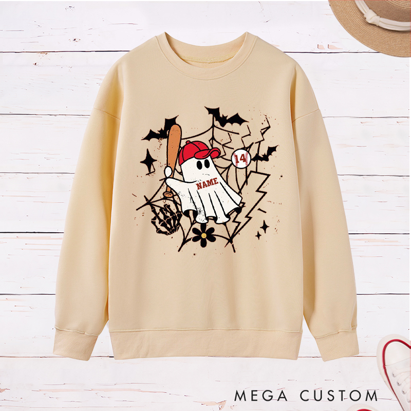 Personalized Halloween Ghost Baseball Sweatshirt with Custom Name and Number 
