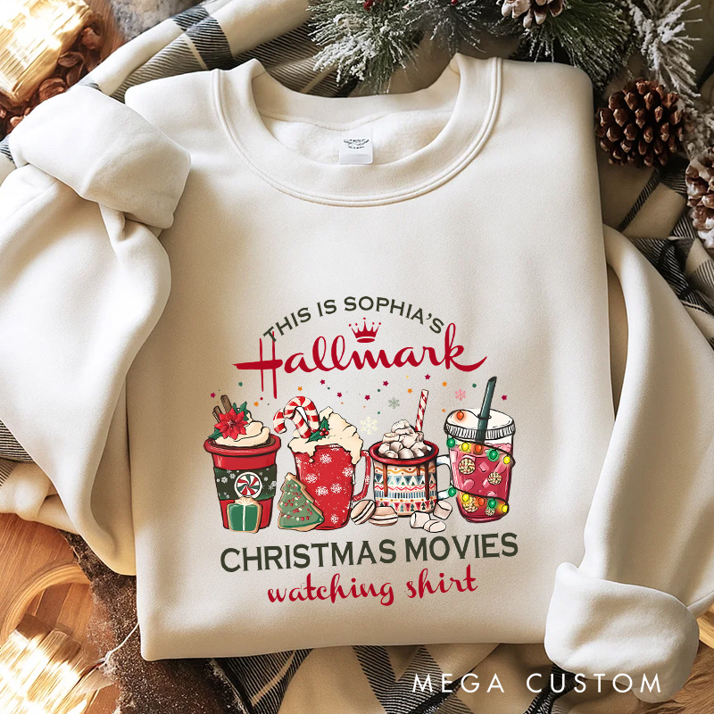Personalized Coffee Christmas Movie Watching Shirt Classic Sweatshirt Christmas Film Crewneck Movie Holiday Shirt