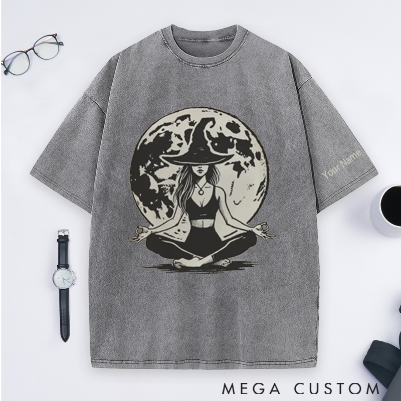 Personalized Witchy Yoga Washed T-Shirt with Mystic Moon and Meditating Witch Design Perfect Gift for Yoga Lover and Halloween