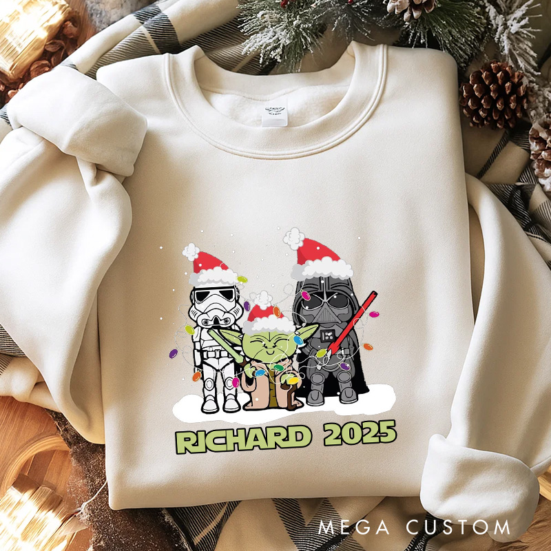 Personalized Cartoon Star Crew Christmas Classic Sweatshirt Galaxy War Film Crewneck Movie Holiday Shirt