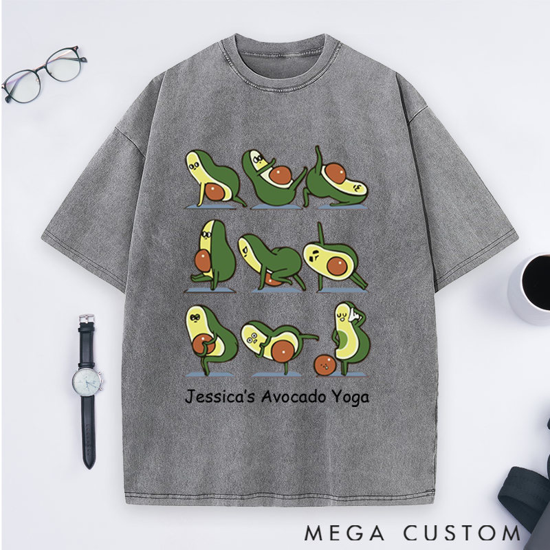 Personalized Avocado Yoga Washed T-Shirt with Cute Avocado Poses Design Perfect Gift for Yoga Lover