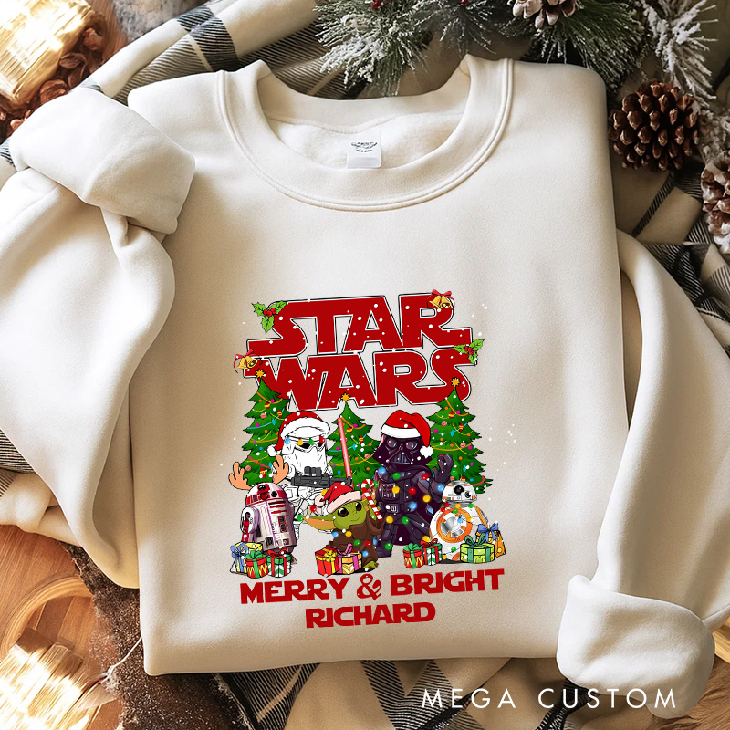Personalized Merry and Bright Christmas Classic Sweatshirt Galaxy War Film Crewneck Movie Holiday Shirt