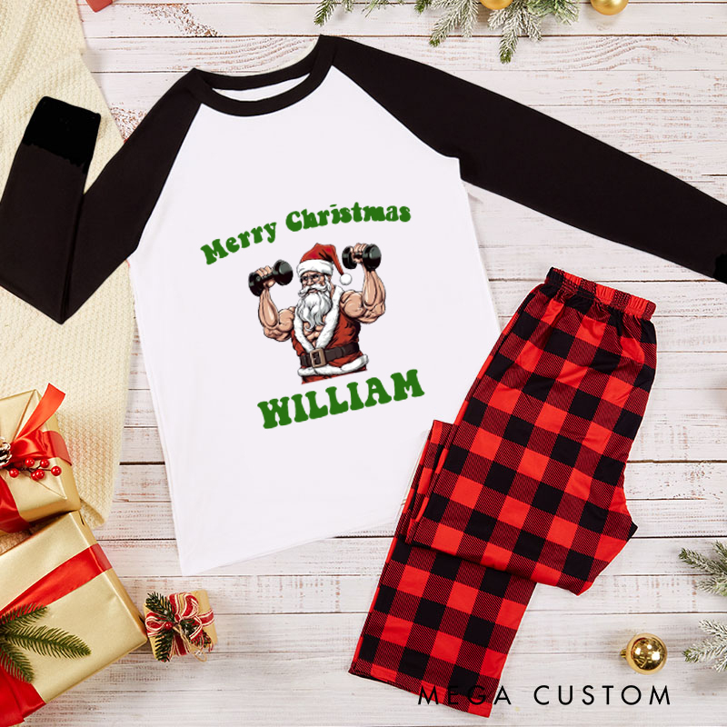 Personalized Couple Xmas Pajamas with Santa Lifting Dumbbells Christmas Matching Pjs for Fitness Enthusiasts Bodybuilders and Gym Lovers Husband Wife Boyfriend Girlfriend