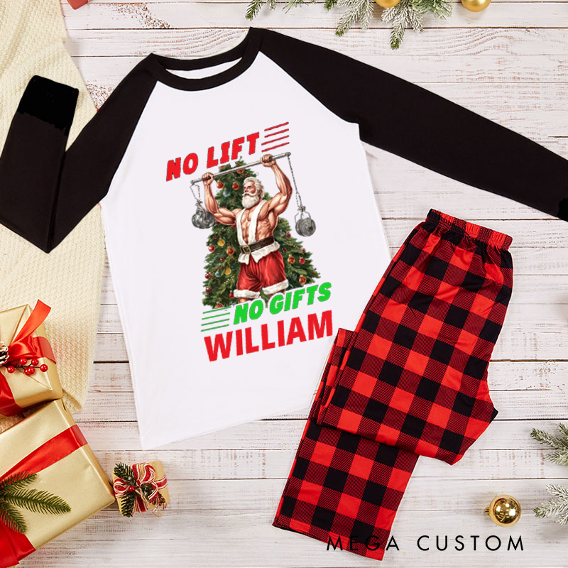Personalized Couple Xmas Pajamas with No Lift No Gifts Santa Weightlifting Christmas Matching Pjs for Fitness Enthusiasts Bodybuilders and Gym Lovers Husband Wife Boyfriend Girlfriend